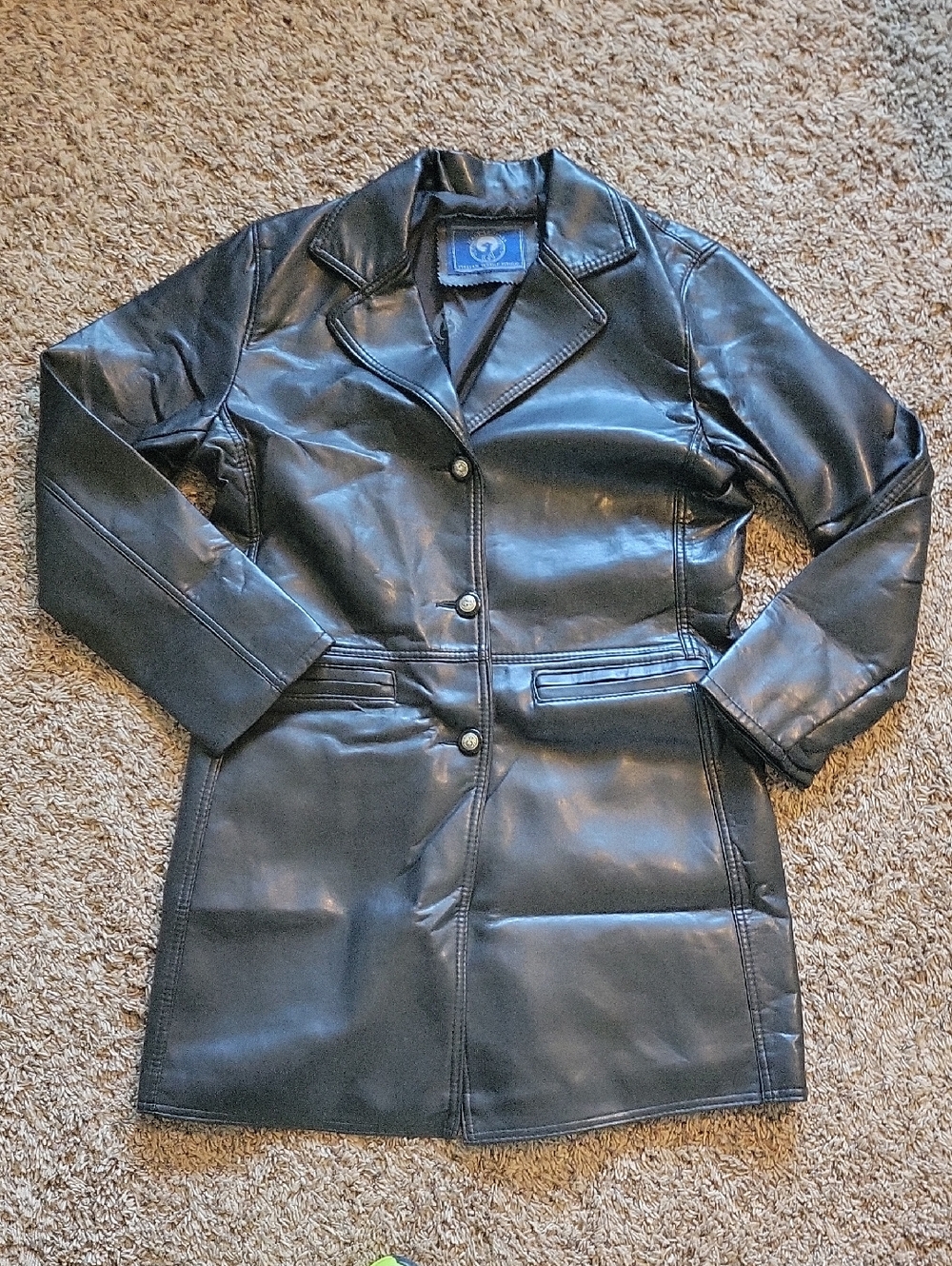 Vintage Women’s Black Leather Button-Front Longline Coat Made In Italy